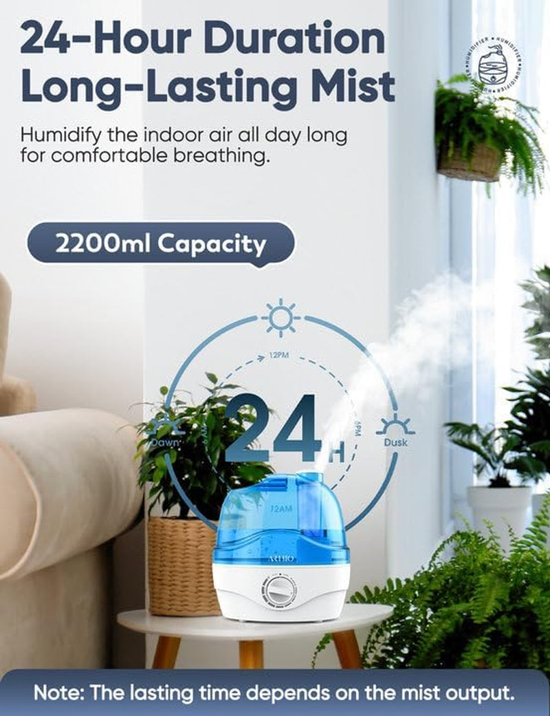 Humidifiers, 2.2L Humidifier for Bedroom Baby Room with 28Db Quiet, Air Cool Mist Humidifiers for Home with 360° Rotation Nozzle, Bpa-Free, Wide Mouth, Easy to Clean Humidifier for Home, Office, Baby
