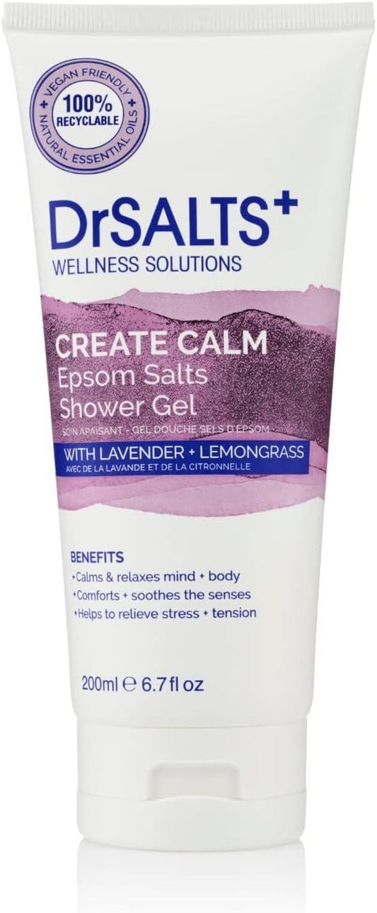 Drsalts+ Create Calm Shower Gel - Soothing Epsom Salts to Relax Body & Mind with Lavender, Chamomile & Lemongrass Essential Oils - Vegan & Cruelty-Free, 200Ml