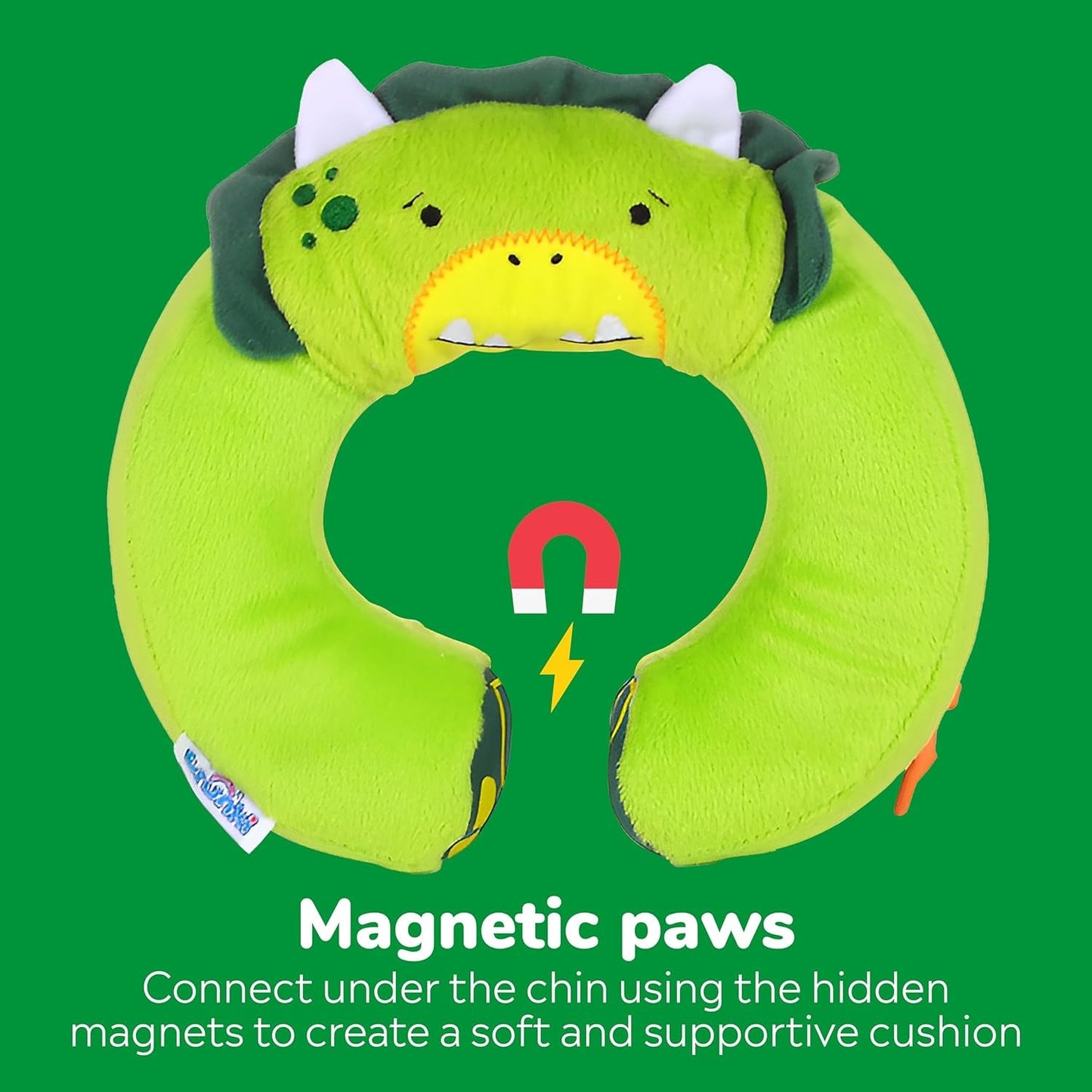 Kid'S Travel Neck Pillow and Chin Rest | Support Sleepy Heads in the Car Seat, Plane, Bike or Pram | Yondi SMALL Dudley Dinosaur (Green)