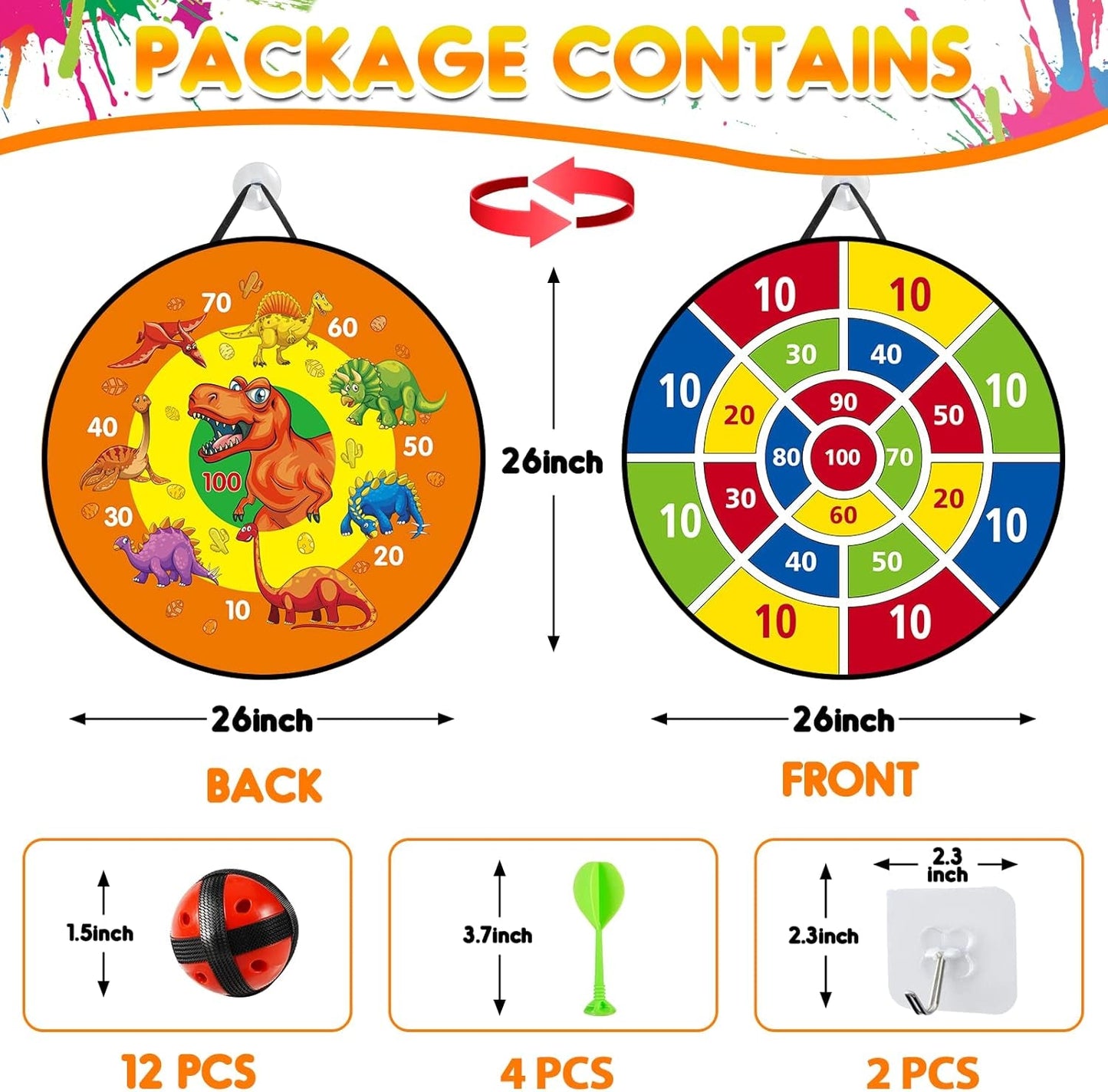 26 Inches Kids Dart Board Set, Dart Board for Kids, Double Sided with 12 Sticky Balls, Indoor Outdoor Party Games Toys for 3 4 5 6 7 8 9 10 11 12 Year Old Boy Girl and Adult