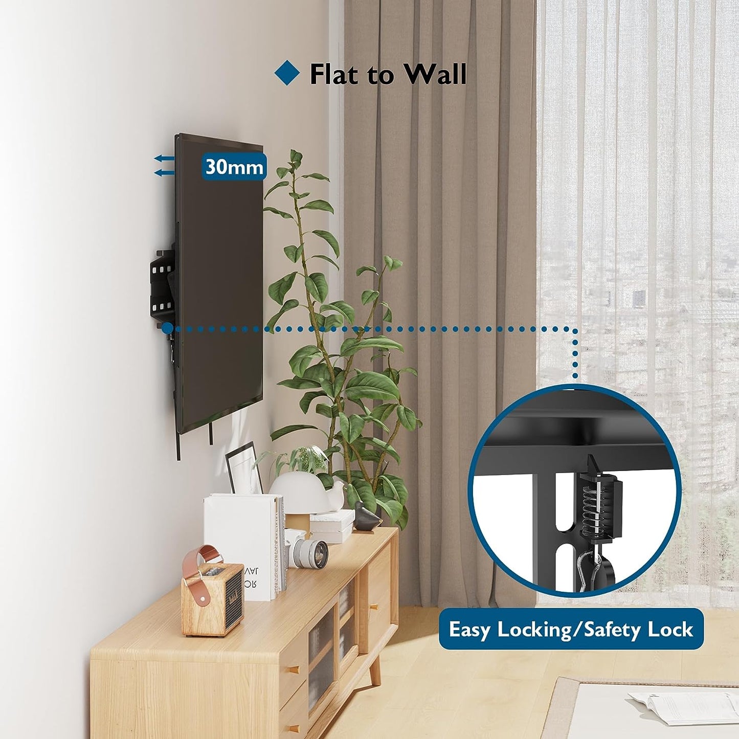 Ultra Slim TV Wall Bracket, Tilting TV Wall Mount for 23-60 Inch Tvs, Low Profile TV Bracket, Max VESA 400X400Mm, Holds up to 45Kg, Spring Locking System, Includes 5 Cable Ties