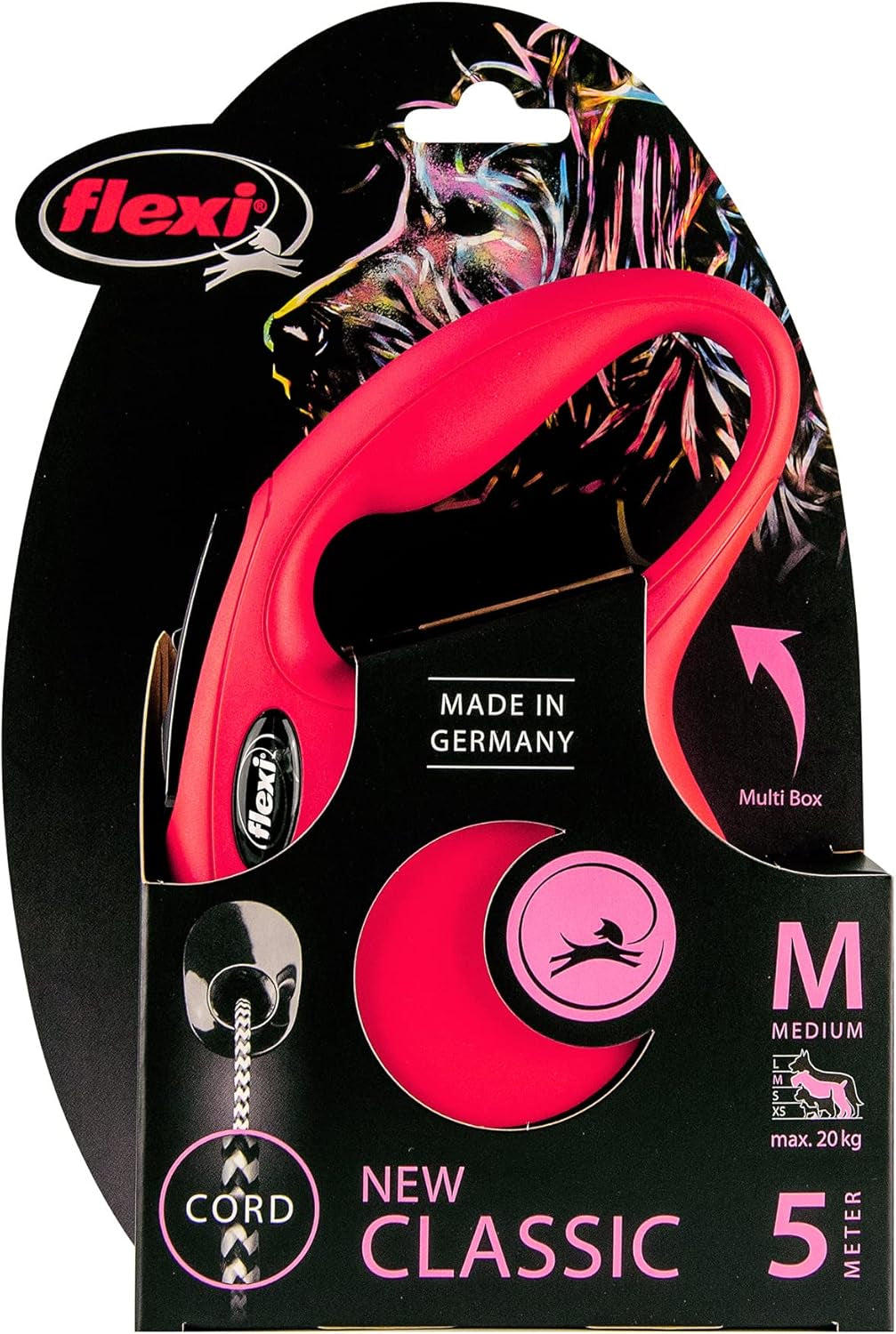 New Classic Cord Red Medium 5M Retractable Dog Leash/Lead for Dogs up to 20Kgs/44Lbs