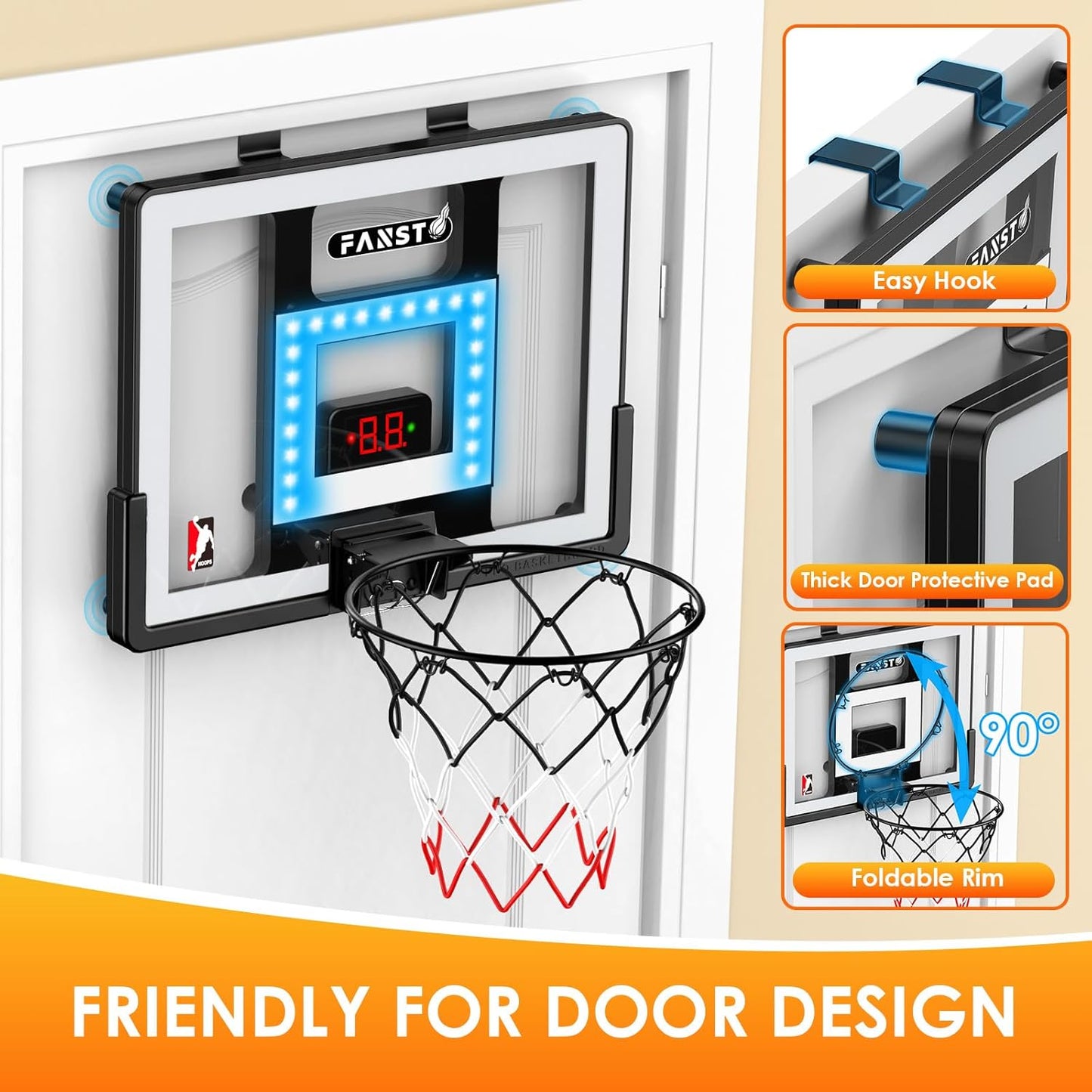 Indoor Basketball Hoop for Kids, over the Door Basketball Hoop with LED Cheering, Anti-Impact, 2 Game Mode& Mute Mode, Mini Door Room Basketball Toy Gift with 4 Ball for 5 6 7 8 9 10 11 12 Old Boys