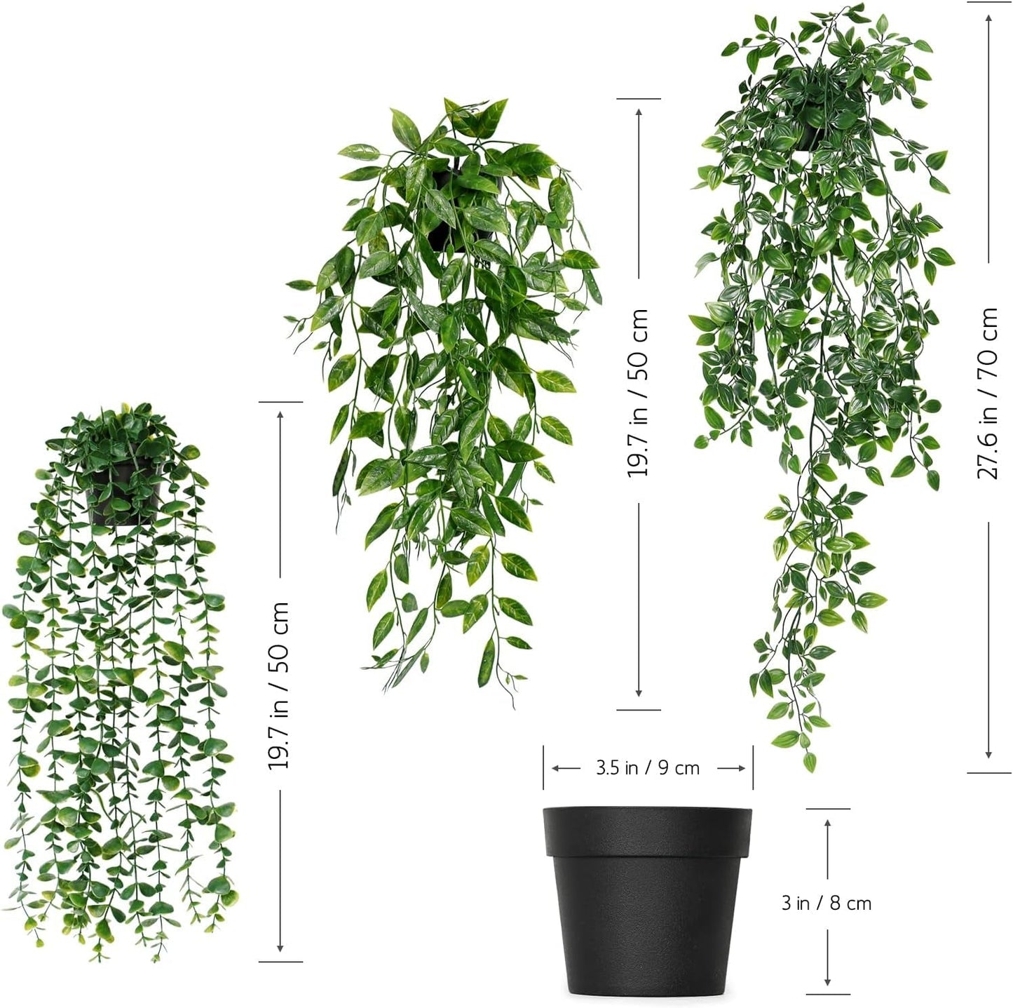 Artificial Plant Eucalyptus - Set of 3 Decorative Artificial Hanging Plants with Pots Fake Ivy Vines Greenery Faux Trailing Plants for Home Garden Office Shelf Wall Decoration