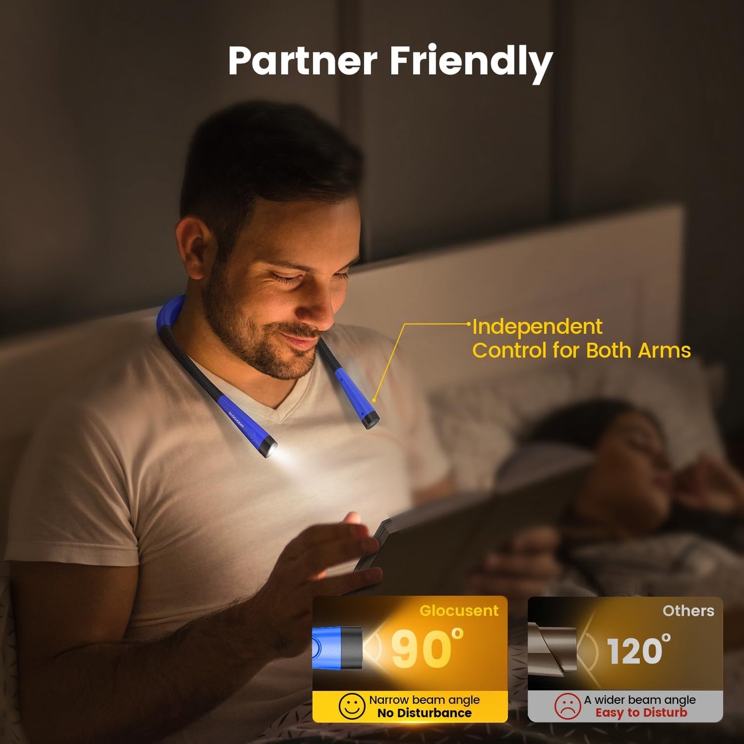 LED Neck Reading Light, Book Light for Reading in Bed, 3 Colors, 6 Brightness Levels, Bendable Arms, Rechargeable, Long Lasting, Perfect for Reading, Knitting, Camping, Repairing