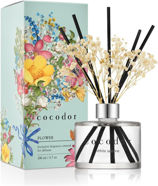 COCODOR Flower Reed Diffuser Set / 6.7Oz / White Jasmine/Scent Diffuser with Sticks Home Fragrance Reed Diffuser for Bathroom Shelf Decor