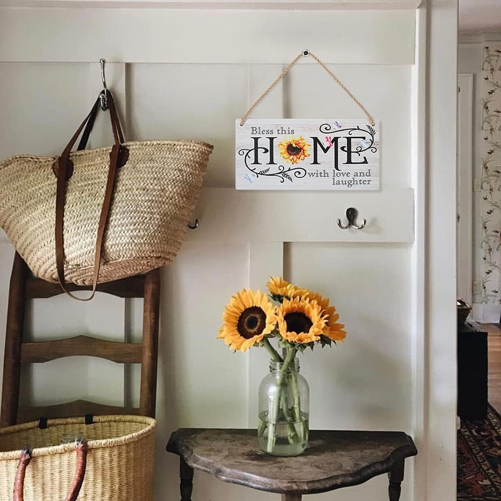 New Home Gifts Sunflower Rustic Wooden New House Plaque Sign Bless This Home with Love and Laughter Inspirational Saying Wooden Door Decor(11"X 6") Housewarming Gifts Living Room Decorations