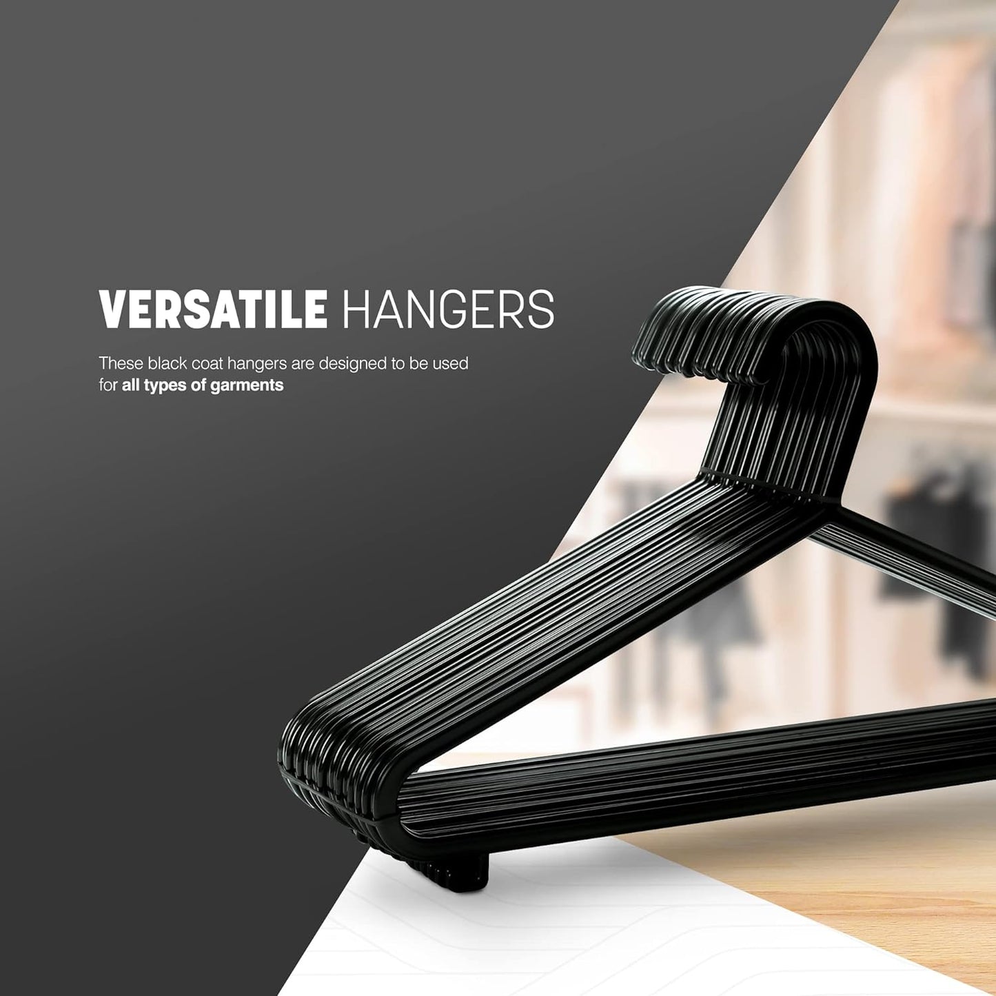 Adult Plastic Coat Hangers - 25Pk, Black Colour, Strong Clothes Hangers for Clothes Rail & Closet, Clothing Hanger with Suit Pants Trouser Bar and Clips, Space Saving, 37.5 Cm Wide
