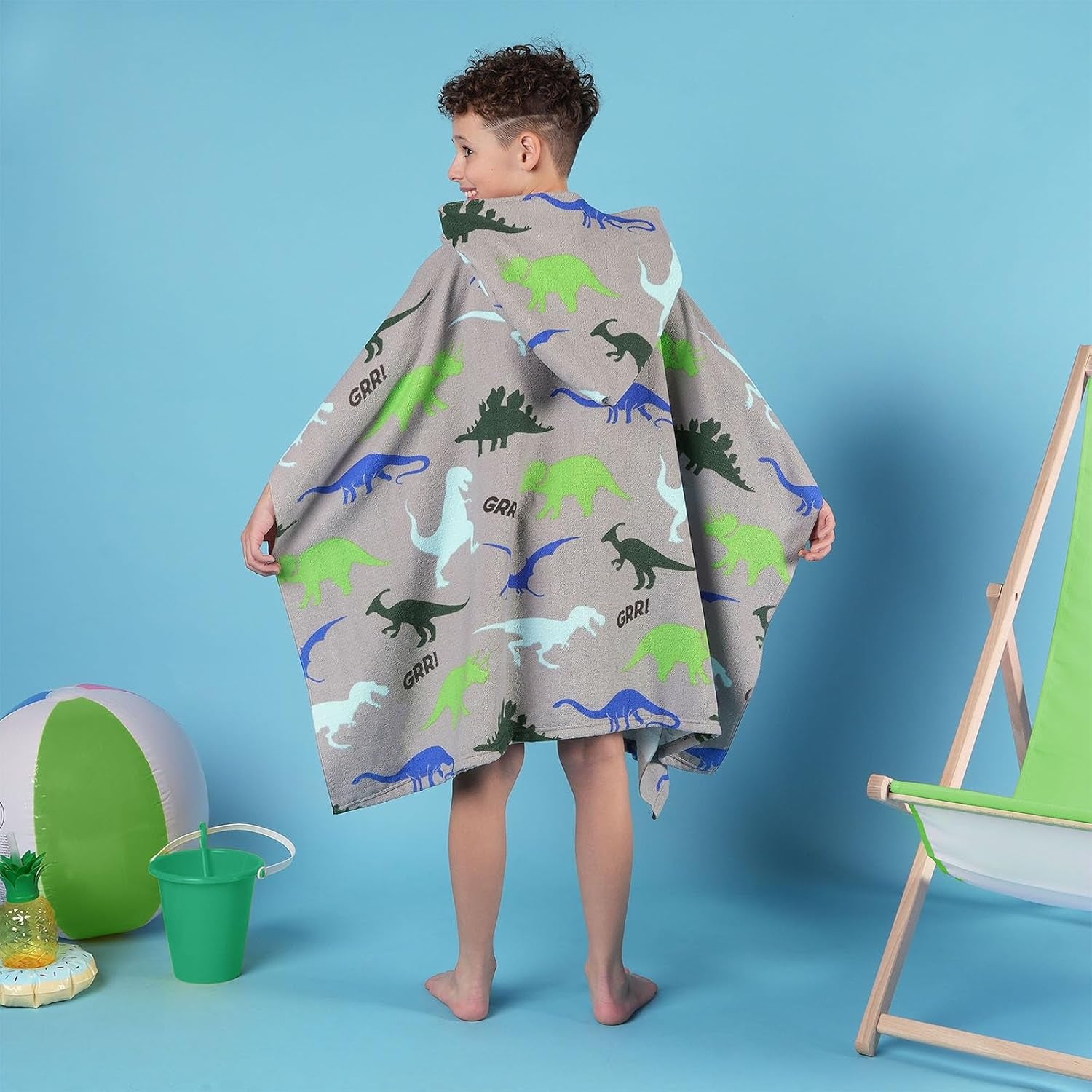 Kids Poncho Towel, Swimming Pool Hooded Changing Robe, Surfing, Beach, Baths, Quick Dry Soft Microfibre, Dino Print, 140X100Cm