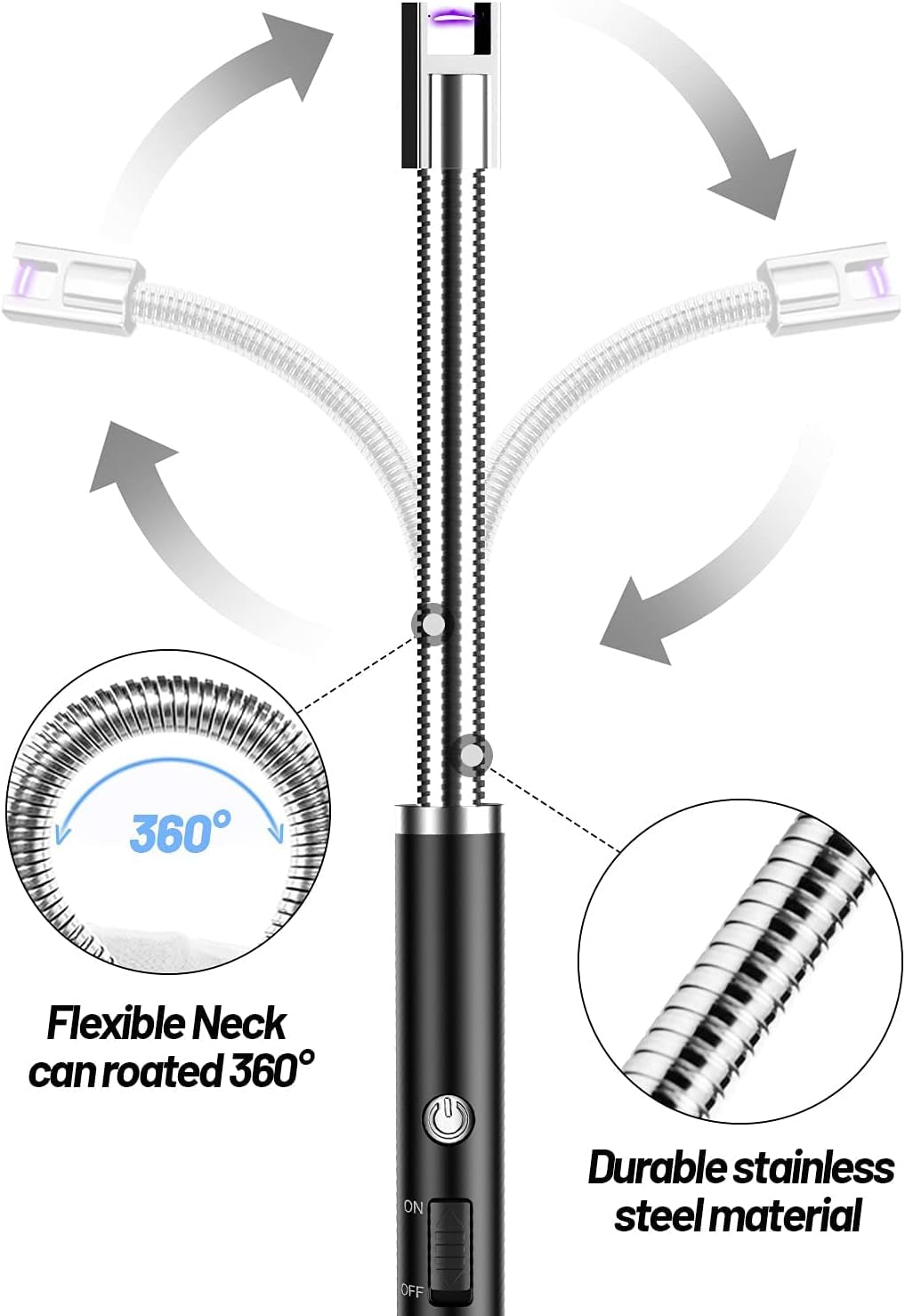 Candle Lighter, Electric Lighter Rechargeable USB Lighter with 360° Long Flexible Neck, Arc Windproof Lighter with LED Battery Display, for BBQ Camping Light Candles Gas Stoves