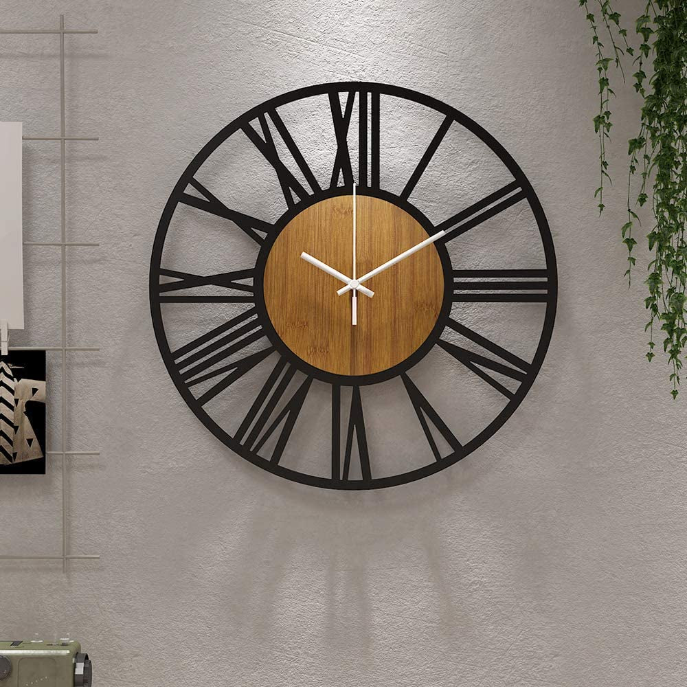 Large Wall Clocks,Silent,Non Ticking,Battery Operated Rustic round Modern Big Wood Wall Clock for Living Room, Bedroom,Kitchen,Farmhouse,Office,Home Decor-16In(40Cm, Black,Roman Numeral)