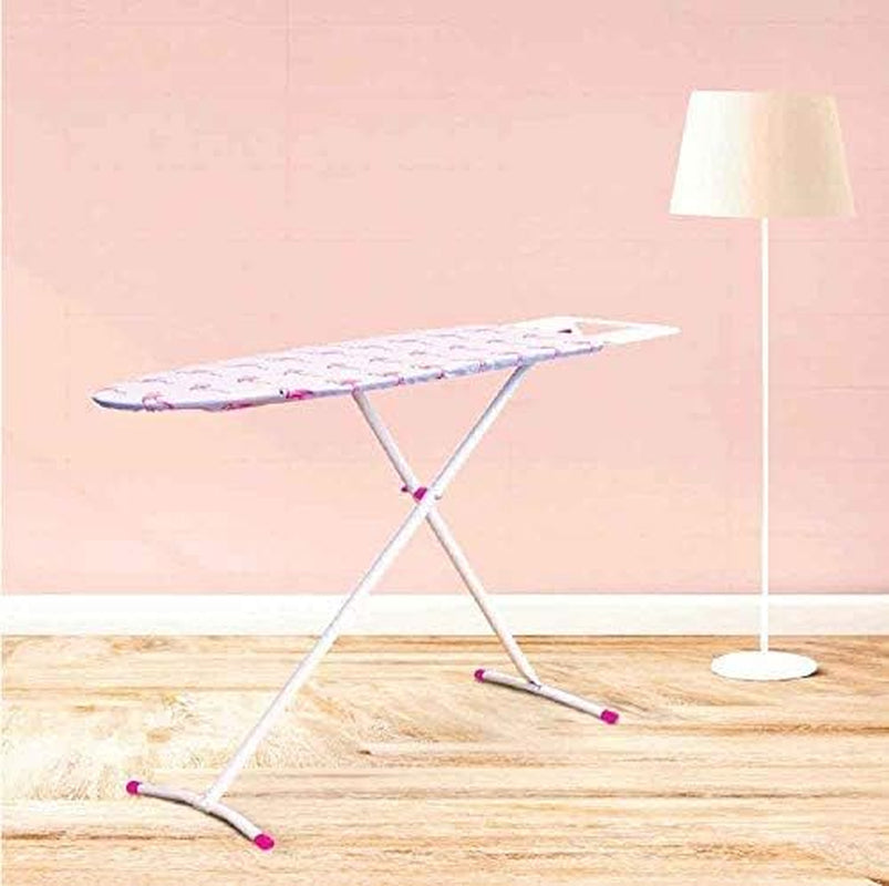 T-Leg Adjustable Height Ironing Board with Grey and Flamingo Cotton Cover + Extra Cover
