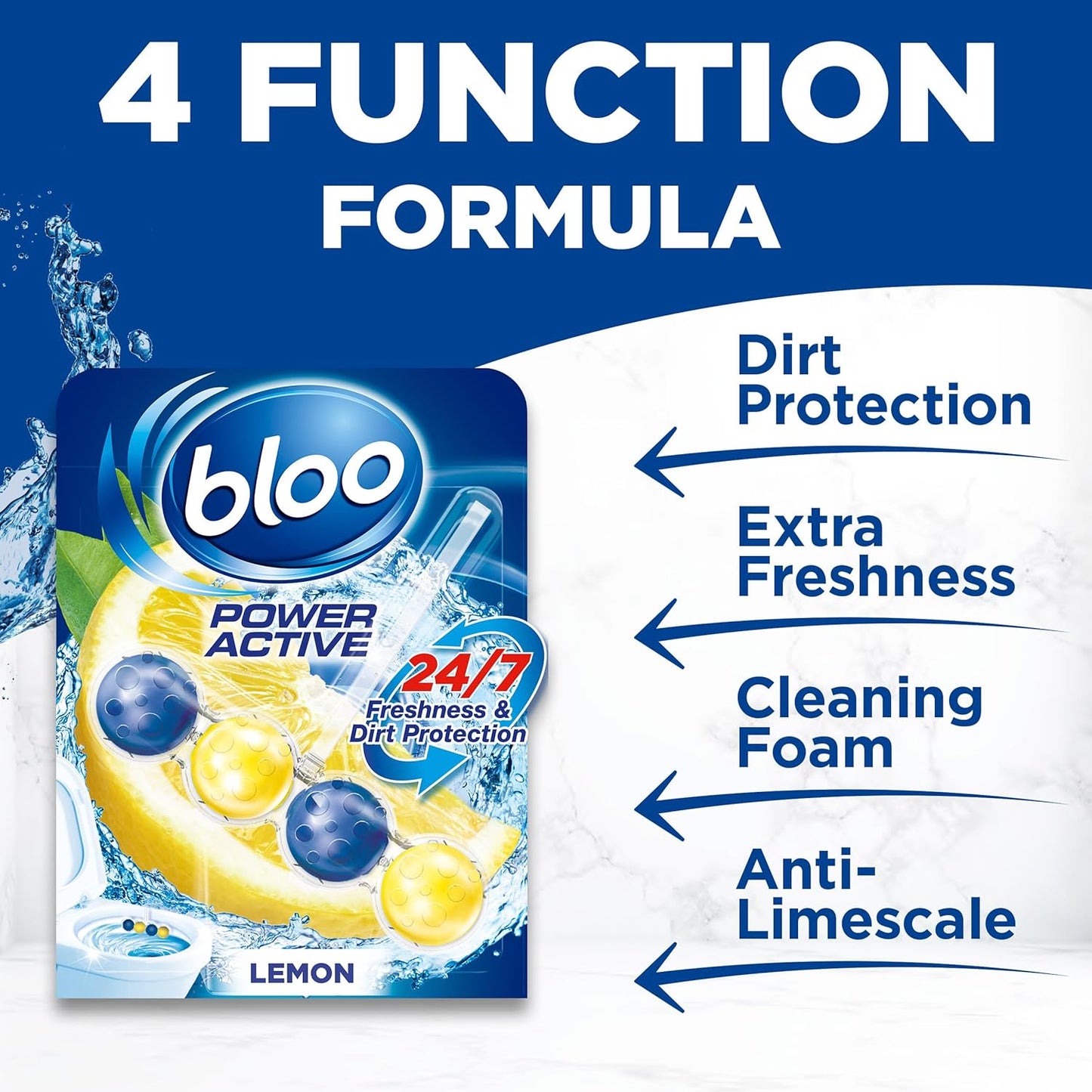 Power Active Toilet Rim Block Lemon, with Anti-Limescale, Cleaning Foam, Dirt Protection and Extra Freshness - Pack of 3 Rimblocks