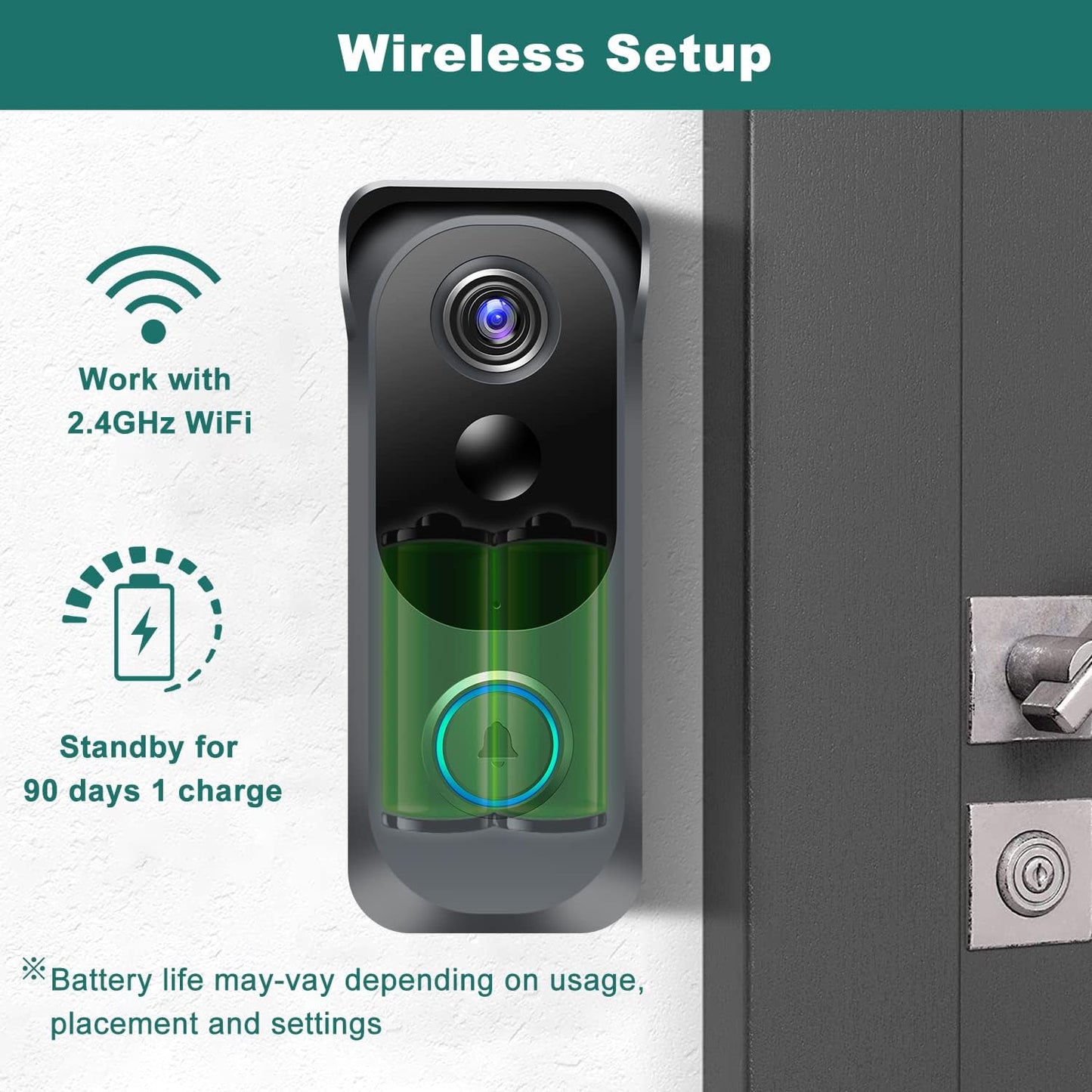 Wireless Video Doorbell Camera with Chime, Voice Changer/Message, PIR Motion Detection, Instant Alerts, 2-Way Audio, 2K HD, Night Vision, 2.4G Wifi, IP66, Battery Powered, Works with Alexa