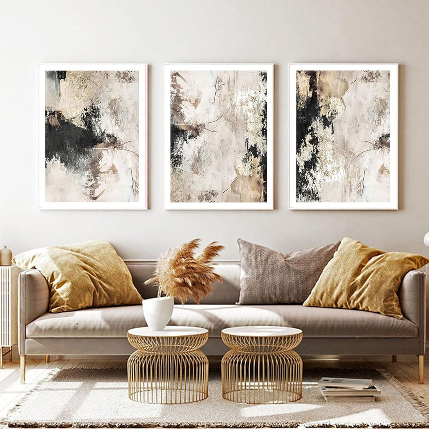 Modern Abstract Beige Canvas Wall Art Black Grey Beige Abstract Painting Black Beige Brown and Gray Decor Poster for Living Room Gold Foil Black and White Modern Canvas Wall Art 16X24Inchx3 No Frame