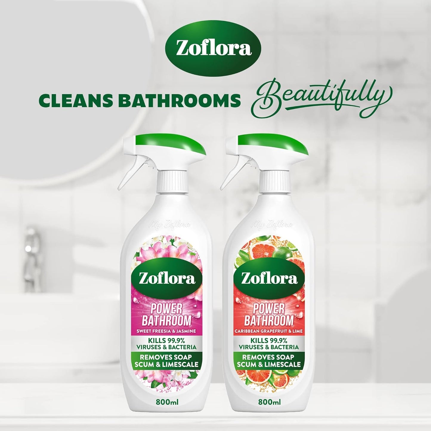 Sweet Freesia & Jasmine Power Bathroom Cleaner, Removes Soap Scum, Limescale Remover & Prevention, Antibacterial Multi-Surface Bathroom Spray, Kills 99.9% of Bacteria & Viruses, 1 X 800 Ml