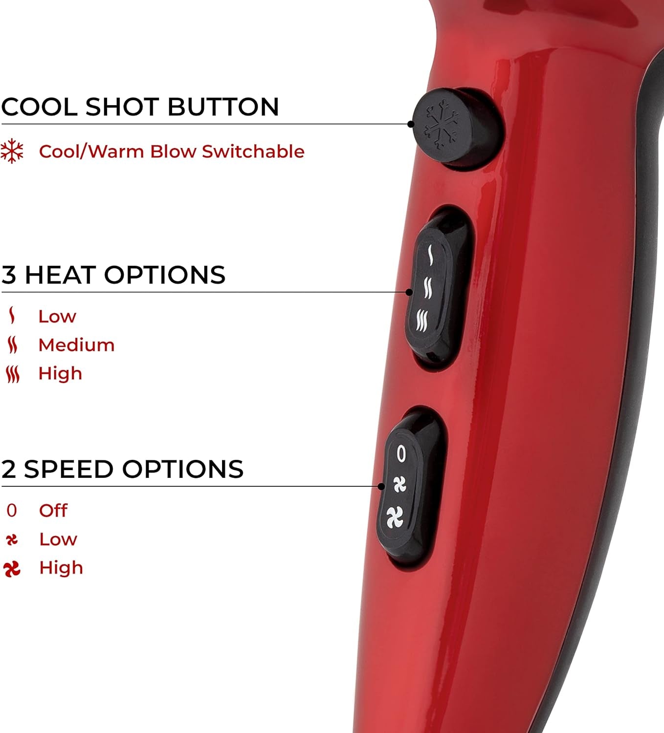 37010 2200W Professional Hair Dryer with Diffuser & Concentrator Nozzles/Dual Styling Options / 3 Heat Settings, 2 Speed Settings & Cool Air Mode/Salon Quality/Red Coloured