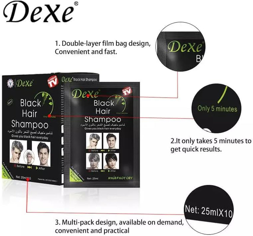 Instant Black Hair Shampoo 5 Minute Colour - Unisex, Quick, Easy to Use, Long Lasting, Grey Hair into Black (10 X 25Ml (Box))