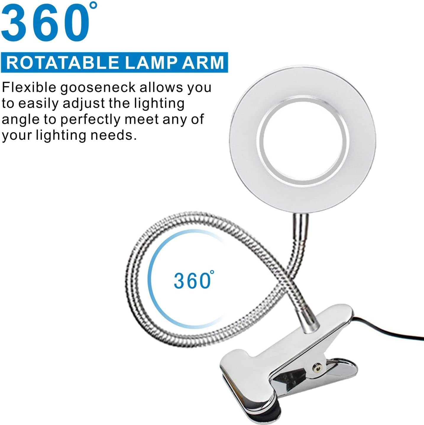 USB LED Desk Lamp Clip on Reading Light, 3 Light Mode 10 Dimmable Brightness Eye Caring Book Light, Bedside Lamp with Flexible Neck, Adjustable Perfect for Studying、Working (Silver)