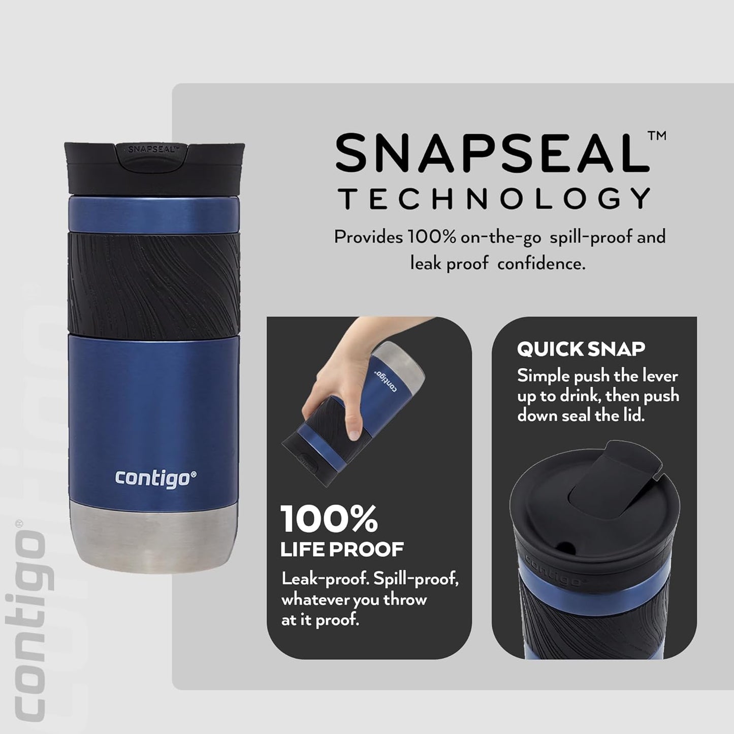 Byron Snapseal Travel Mug | Stainless Steel Thermal Mug | Vacuum Flask | Leakproof Tumbler | Coffee to Go Mug with BPA Free Easy-Clean Lid