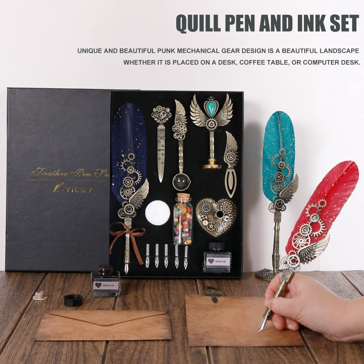 Quill Pen and Ink Set, Feather Pen Calligraphy Set, Mechanical Gears Wings Design, Stationery Gift for Handwriting Lovers Birthday Christmas Valentine’S Day