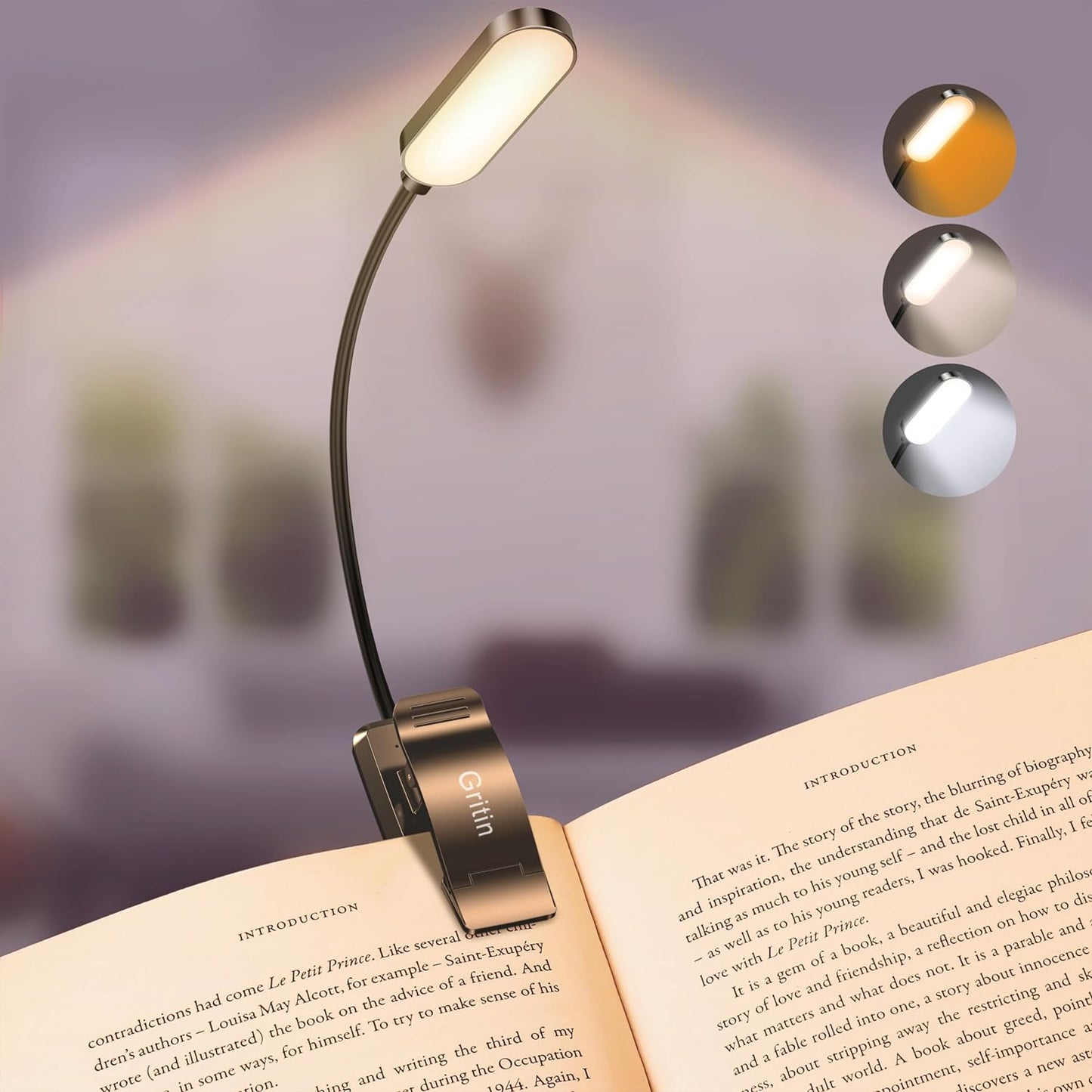 16 LED Reading Light, Book Light 3 Eye-Protecting Modes Book Lamp (White/Amber/Mixed) - Stepless Dimming, Rechargeable, Long Battery Life, 4-Level Power Indicator, Flexible Clip on Book Light