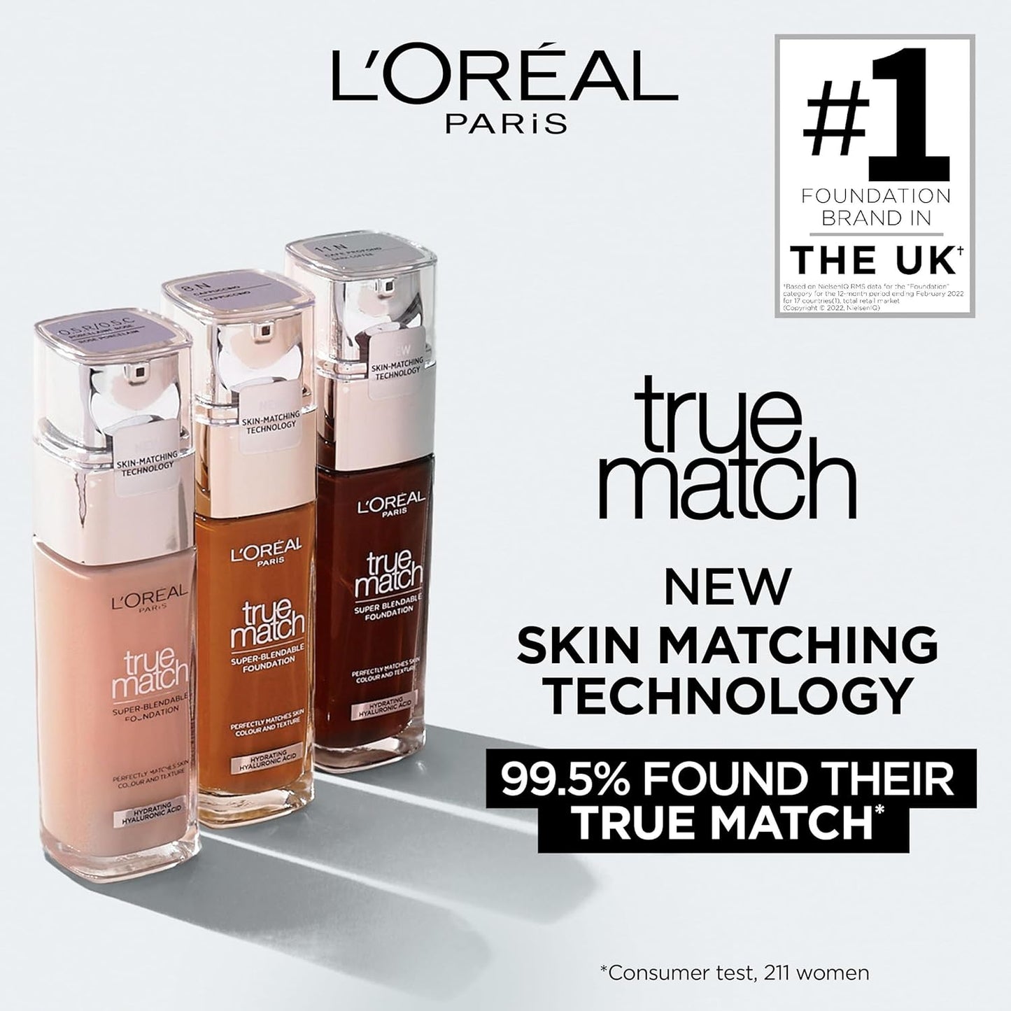 True Match Liquid Foundation, Skincare Infused with Hyaluronic Acid, SPF 16, Available in 40 Shades, 3N Creamy Beige, 30 Ml