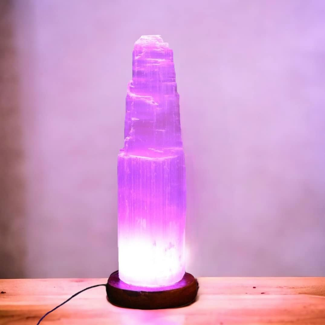 Pure Selenite Crystal Rock USB Mountain Tower LED Lamp Handcrafted Multi-Colour Wooden Base Meditation Healing Energy Mineral Gift Home Decoration Lamp (20Cm)