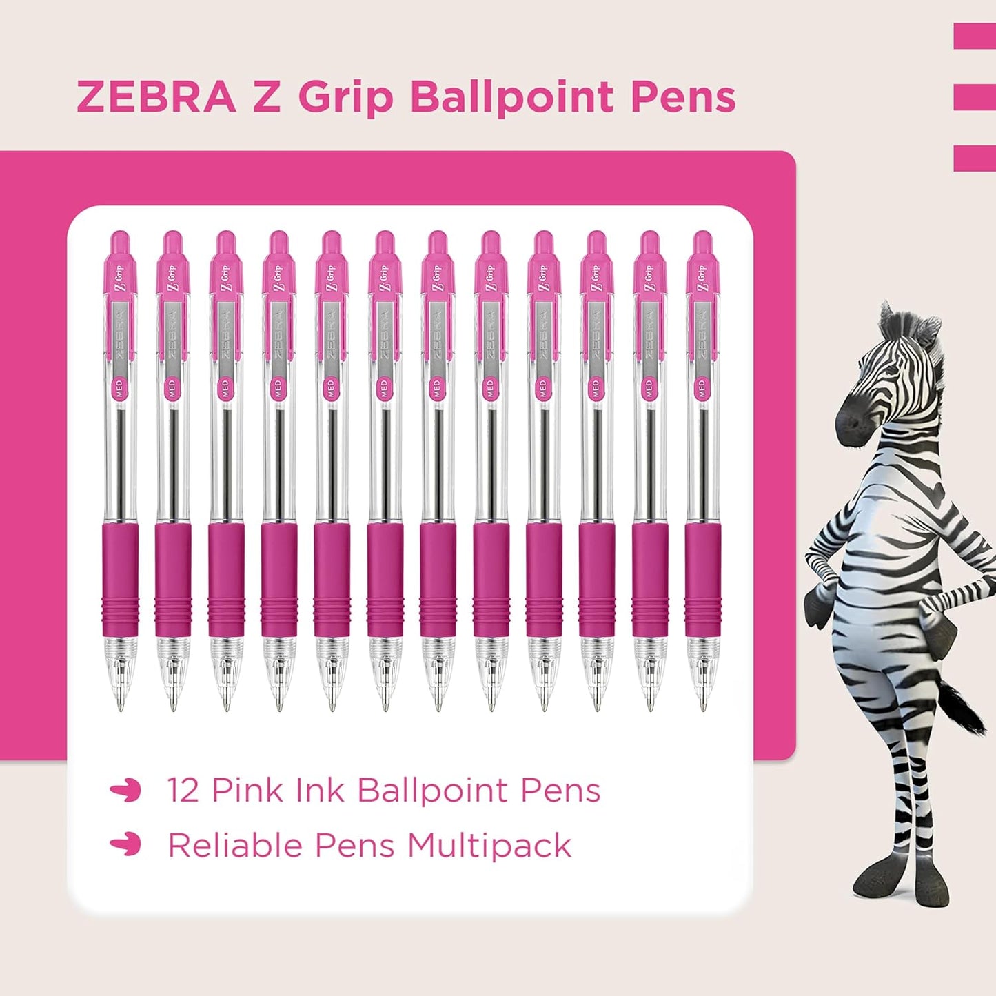 Z Grip Pink Pens Ballpoint, Smooth & Comfortable Ballpoint Pens with Pocket Clip, Retractable Ballpoint Pens with Pink Ink, Reliable Biro Pens Multipack for Everyday Use - Medium Point, 12Pk