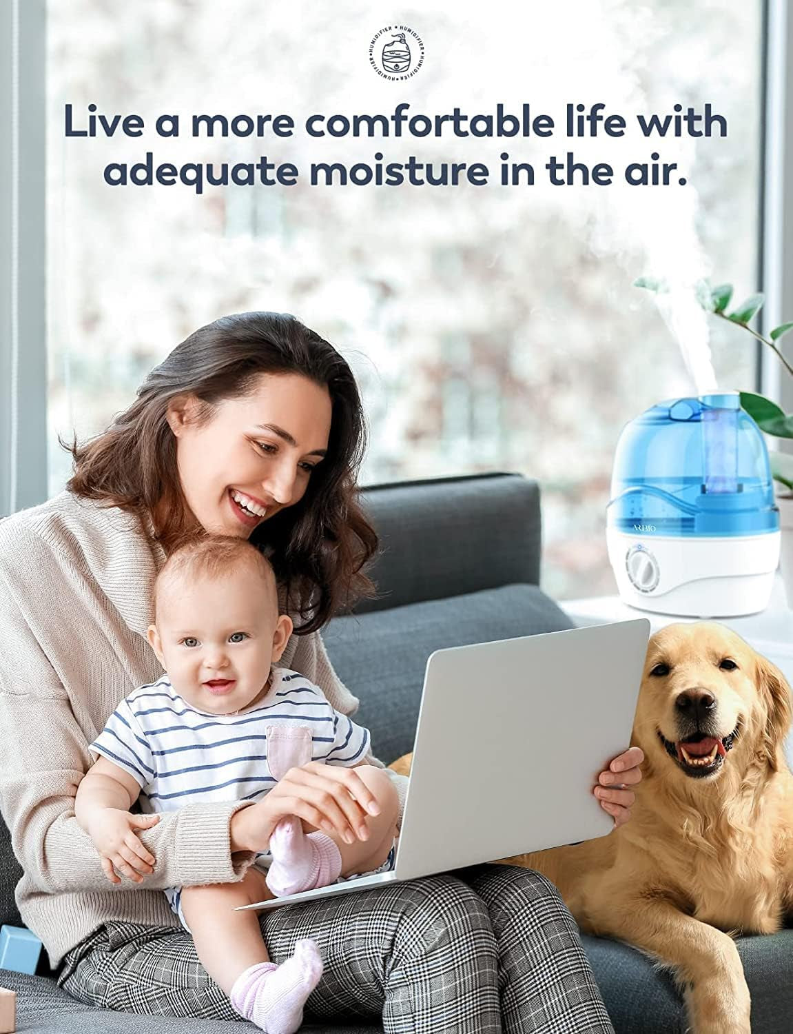 Humidifiers, 2.2L Humidifier for Bedroom Baby Room with 28Db Quiet, Air Cool Mist Humidifiers for Home with 360° Rotation Nozzle, Bpa-Free, Wide Mouth, Easy to Clean Humidifier for Home, Office, Baby