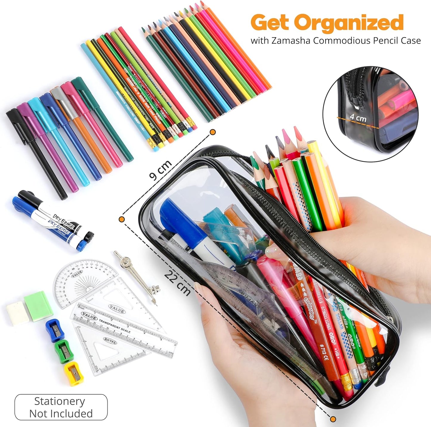 Clear Pencil Case Black | 22X4X9 Cm Stylish, Practical and Transparent Pencil Case | Versatile Storage for Stationery, Toiletries, Makeup, Travel & Office Supplies