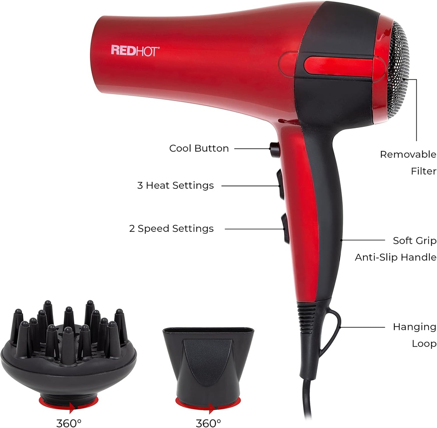 37010 2200W Professional Hair Dryer with Diffuser & Concentrator Nozzles/Dual Styling Options / 3 Heat Settings, 2 Speed Settings & Cool Air Mode/Salon Quality/Red Coloured