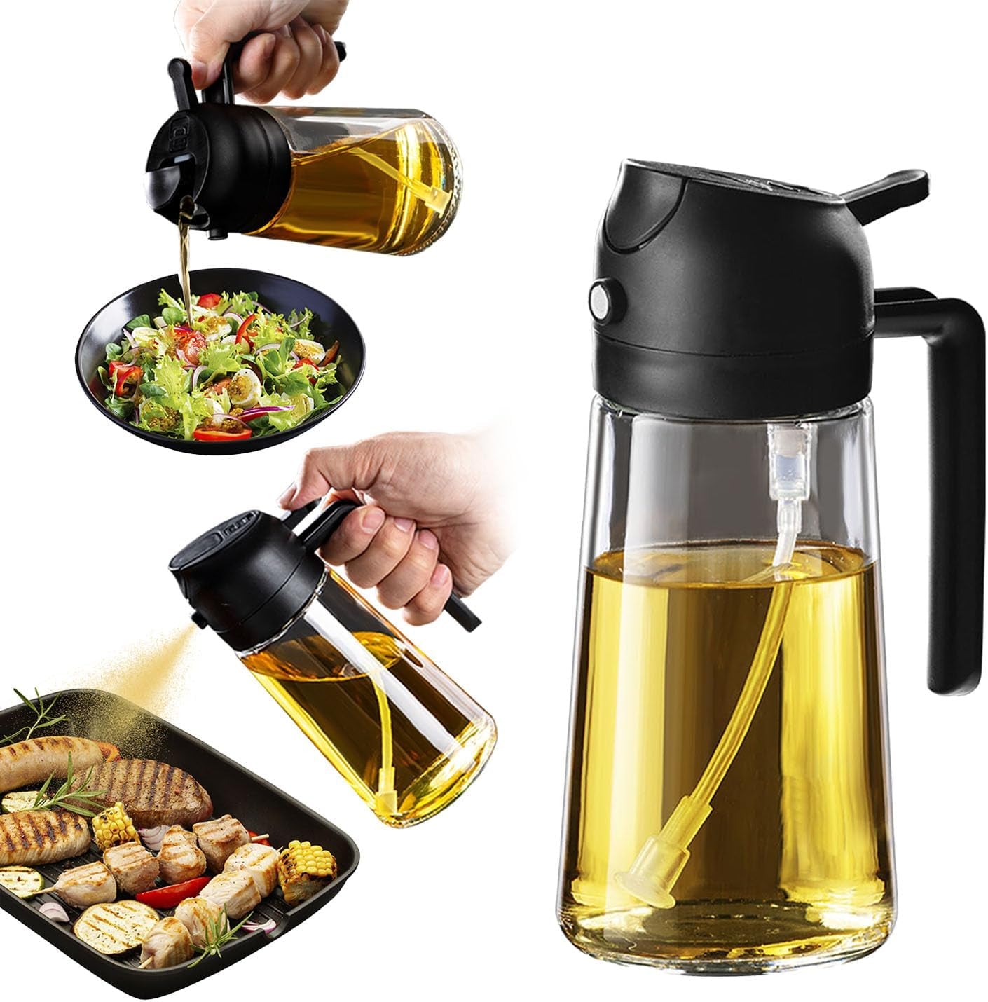 16Oz Olive Oil Spray Bottle - 2 in 1 Olive Oil Dispenser Bottle for Kitchen Accessories - Kitchen Gadgets, for Air Fryer - Black