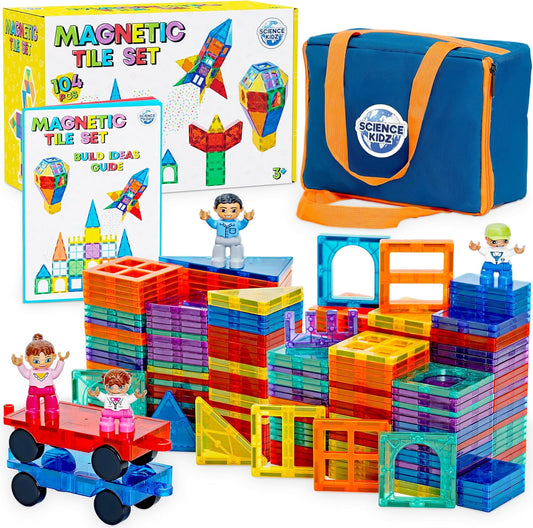 Magnetic Tiles - 100 Piece Set + 4 Play Figures + Storage Bag - Magnetic Building Blocks for Kids - Educational STEM Magnet Toys for 3, 4, 5, 6, 7 Year Old Boys & Girls - Magnetic Shapes