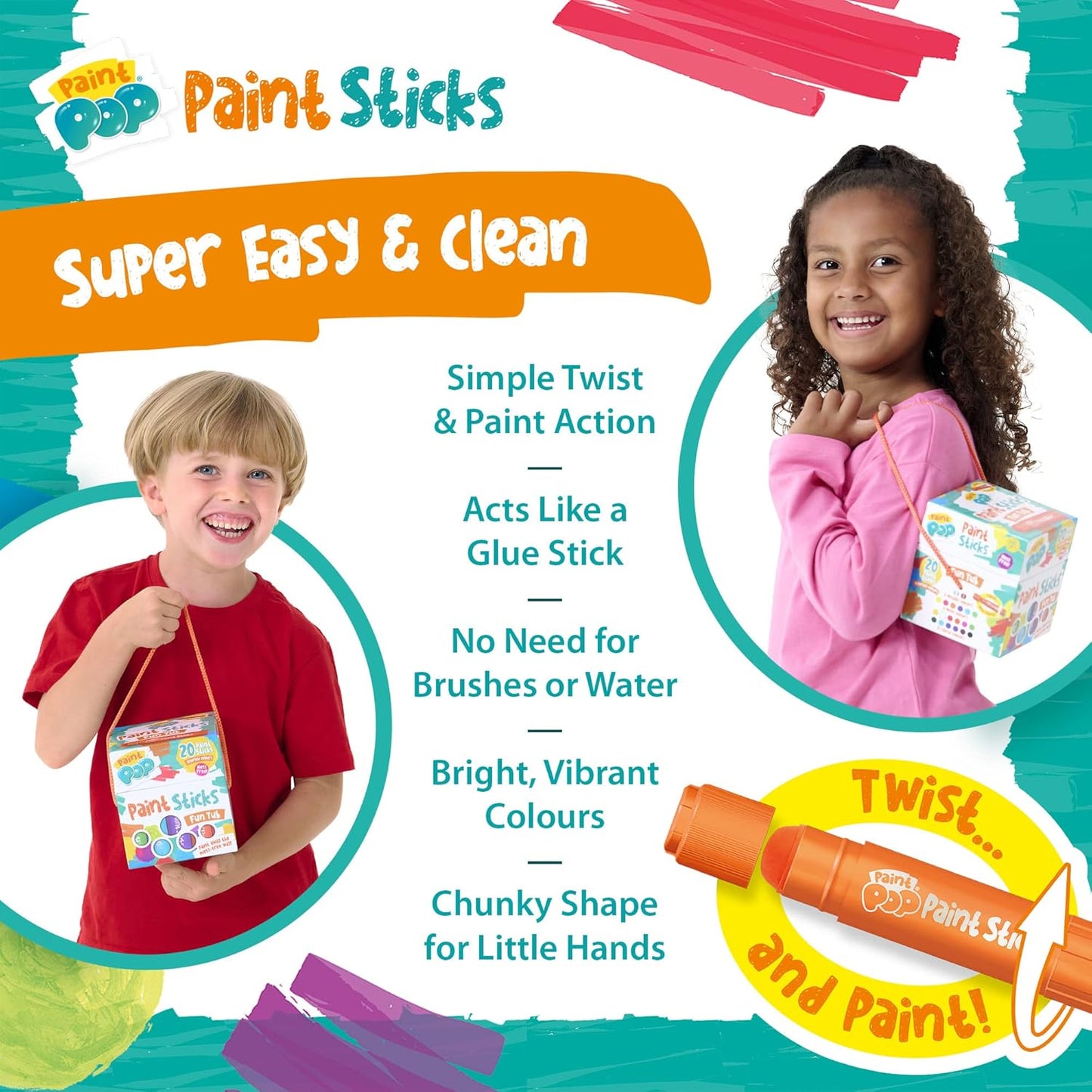 Paint Sticks for Kids - 20 Pack Assorted Colours & Fun Storage Tub - Twist & Paint, Mess-Free, Fast Drying Action, Easy Clean Up, Vibrant Colours, Multi-Surface