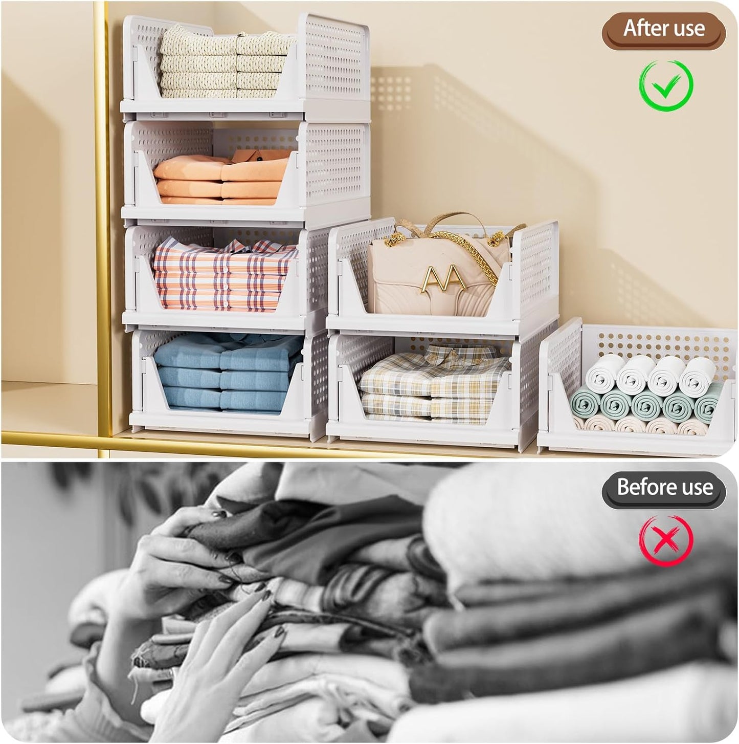 Wardrobe Storage Organiser - 4 Pack Folding Closet Organisers, Stackable Storage Boxes, Plastic Drawer Organiser Basket for Bedroom Kitchen Bathroom White