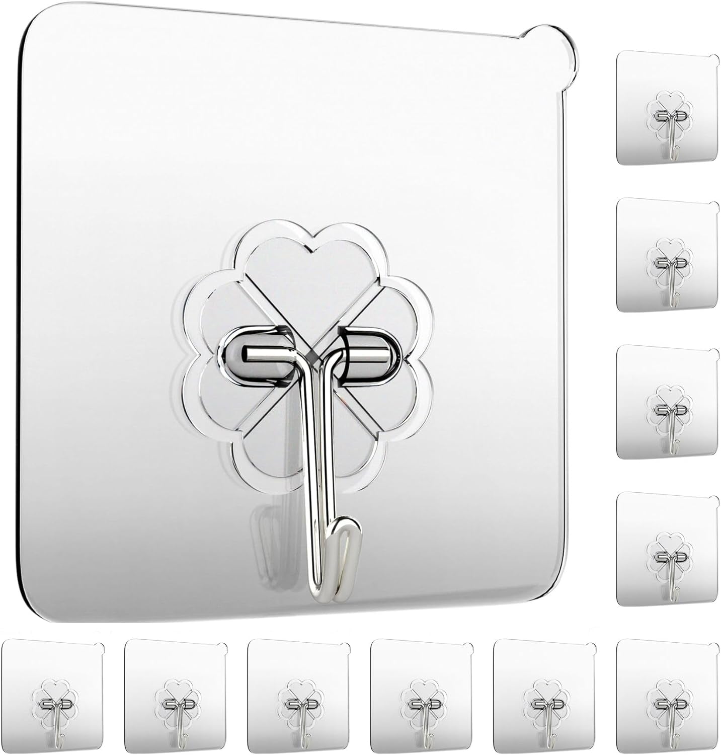 Wall Hooks 15Kg(Max) Heavy Duty Self Adhesive Hooks 10 Pack,Waterproof and Oilproof,Transparent Reusable Seamless Hooks Strong,Suitable for Bathroom Kitchen