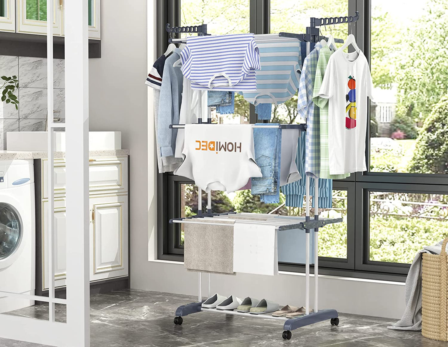 Airer Clothes Drying Rack,4-Tier Foldable Clothes Hanger Adjustable Large Stainless Steel Garment Laundry Racks for Indoor Outdoor