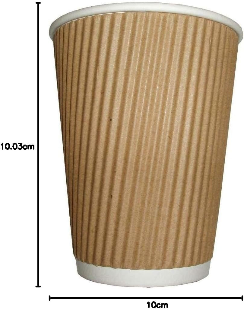 100 X Kraft 12 Ounce Ripple 3 Ply Disposable Insulated Paper Cups for Tea Coffee Cappuccino Hot Drinks, Brown