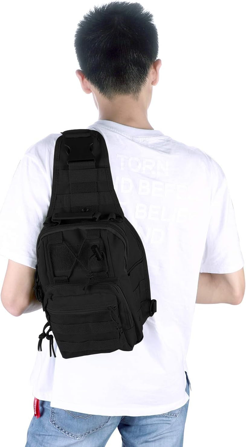 Canvas Sling Bag for Men Small MOLLE Chest Sling Backpack Mens One Strap Messenger Bag Water-Resistant Handbag Outdoor Sports Travel Crossbody Shoulder Pack Bag Daypack for Travelling Cycling Hiking