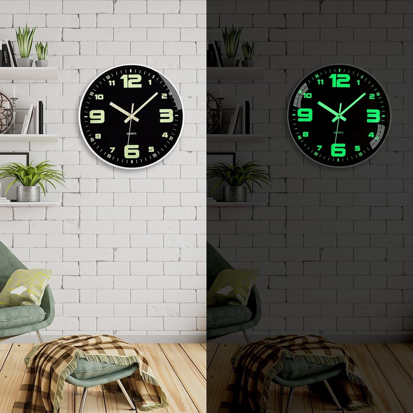 Wall Clock - 12 Inch Large Wall Clocks Glow in the Dark Clock Silent Night Lights Luminous Modern Small Vintage Black Retro White Outdoor Clock for Kitchen Bedrooms Bathroom Living Room Garden Kids