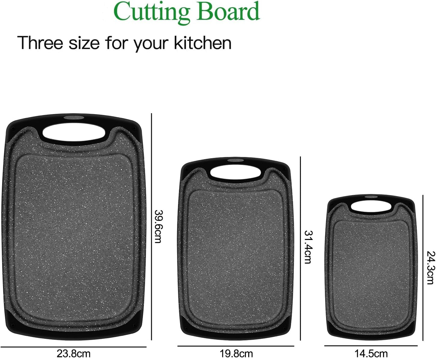 Chopping Board Set of 3, Small to Large, Chopping Boards for Kitchens with Non-Slip Feet and Deep Drip Juice Groove, Easy Grip Handle, BPA Free, Dishwasher Safe Cutting Board (Black)