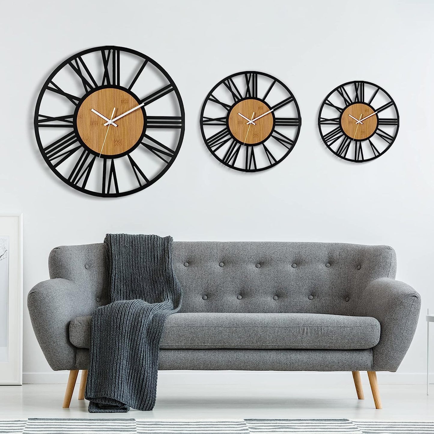 Large Wall Clocks,Silent,Non Ticking,Battery Operated Rustic round Modern Big Wood Wall Clock for Living Room, Bedroom,Kitchen,Farmhouse,Office,Home Decor-16In(40Cm, Black,Roman Numeral)