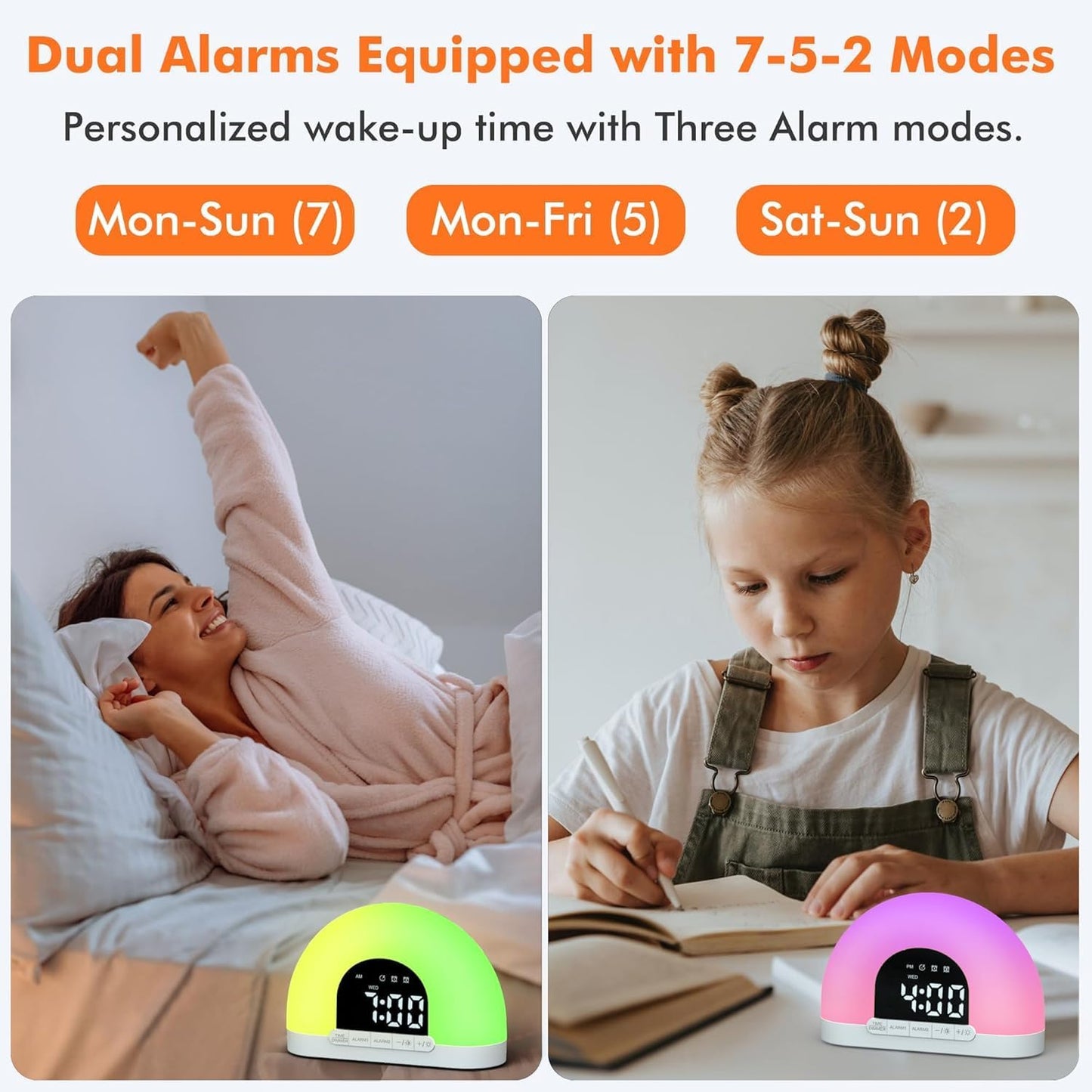 Sunrise Alarm Clock, Dimmable Digital Clock for Kids, Small Bedside Sunlight Lamp Colourful Night Light Clock, 7 Alarm Sounds, Dual Alarms, Natural Wake up Light for Boys Girls Teens Heavy Sleepers