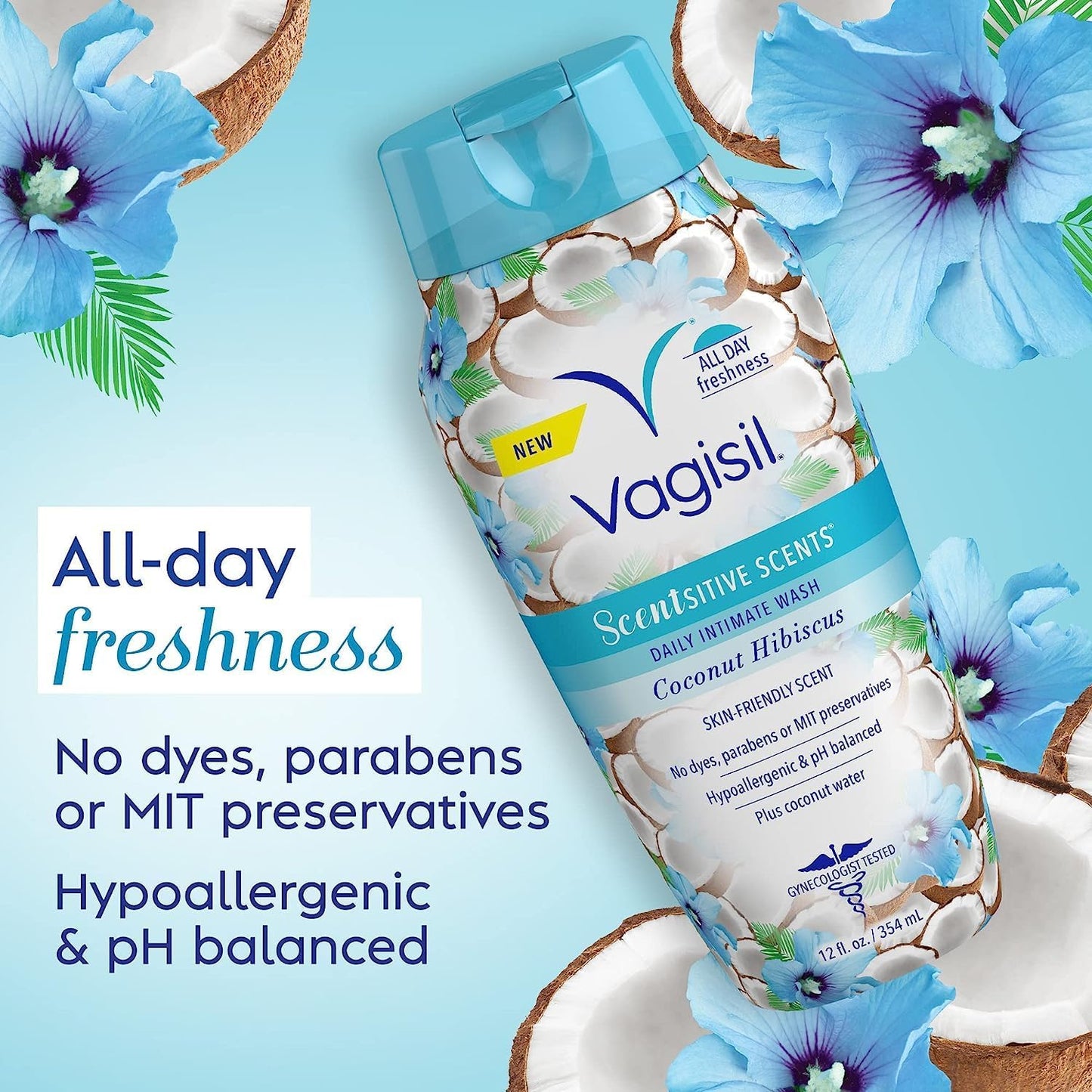 Scentsitive Scents Daily Feminine Intimate Wash for Women, plus Coconut Water, All-Day Freshness, Hypoallergenic, Skin-Friendly Coconut Hibiscus Scent, 354Ml