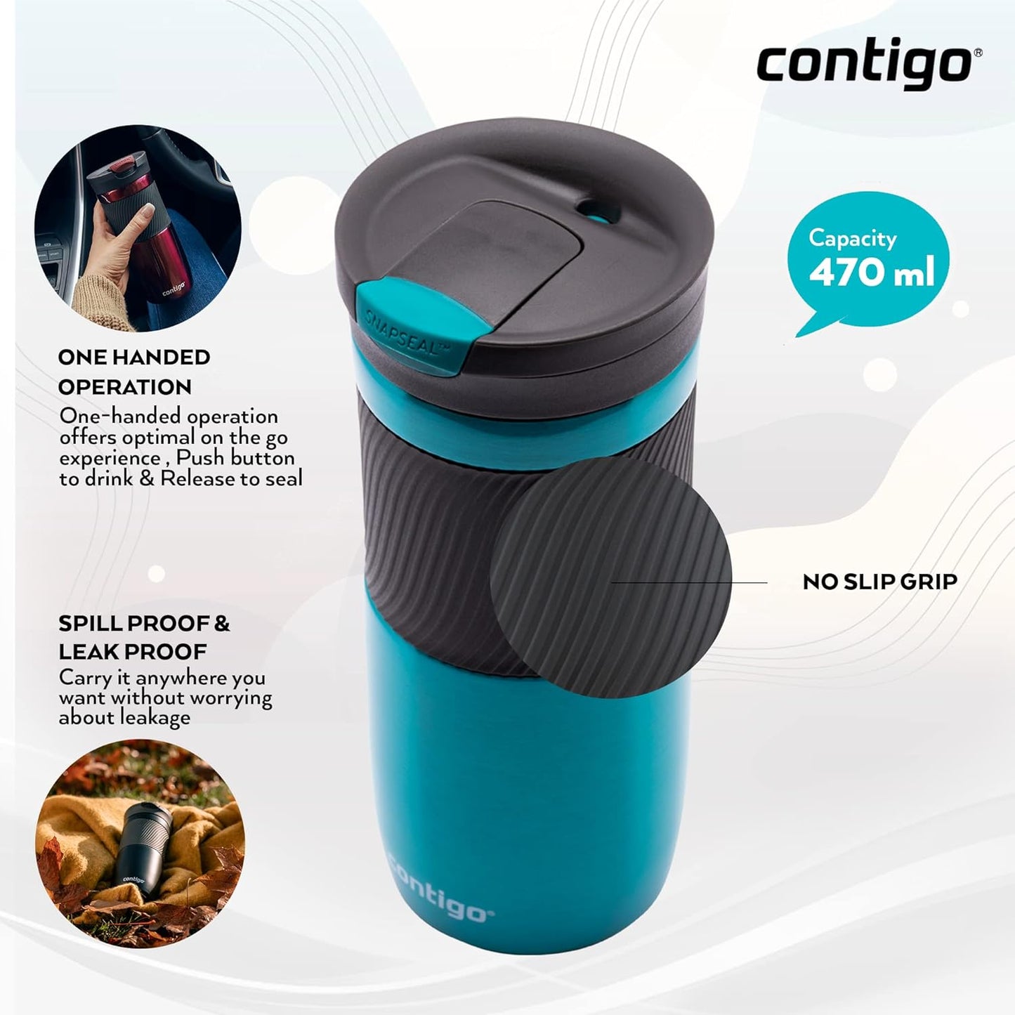 Byron Snapseal Travel Mug | Stainless Steel Thermal Mug | Vacuum Flask | Leakproof Tumbler | Coffee to Go Mug with BPA Free Easy-Clean Lid