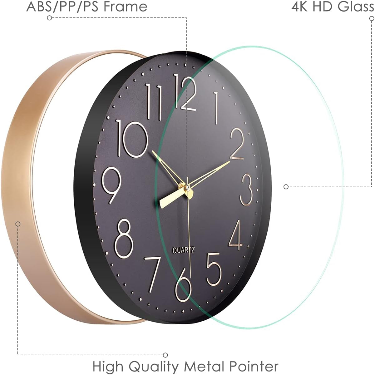 Black Wall Clock 12" Silent Non Ticking Arabic Numeral Clock round Decorative Wall Clock for Living Room, Bedroom, Kitchen (Battery Not Included) Gold Numbers