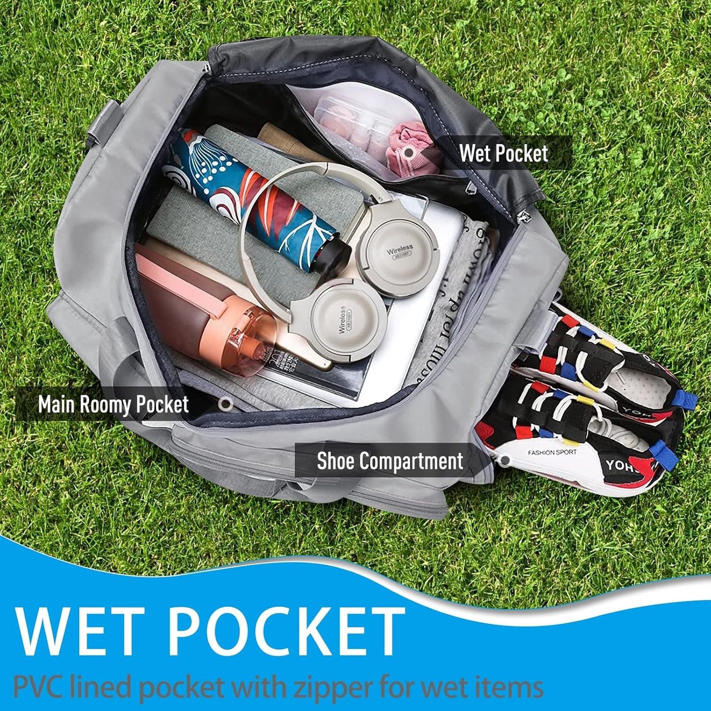 Gym Bag, Travel Bag with Wet Pocket, Portable Overnight Bags for Women, Waterproof Lightweight Gym Bag Mens for Weekender, Vacation(Grey)