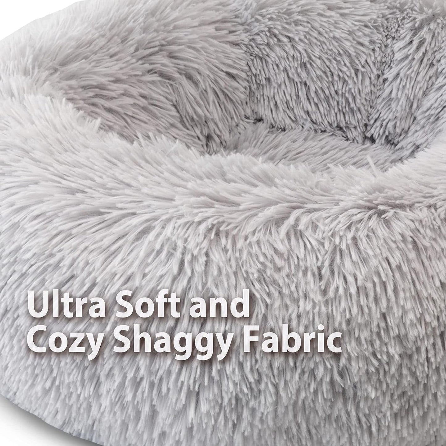 Plush Donut Dog Bed, Calming round Dog Cat Bed Soft and Fluffy Cuddler Pet Cushion Self-Warming Puppy Beds Machine Washable, Grey 50Cm
