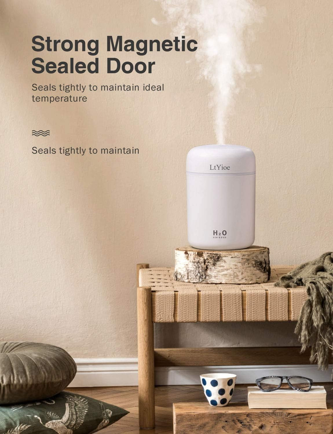 Humidifier Portable Mini Humidifiers for Bedroom, Personal Desktop Air Humidifier with Colorful Cycling Light, 2 Mist Modes and Auto Shut-Off, Super Quite for Office Home Car(White)